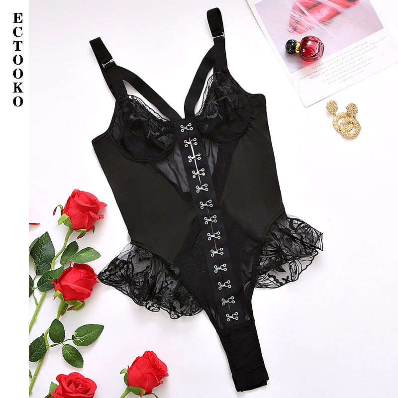ECTOOKO 2022 Ruffled  Lace Bodysuit  Sexy See Through