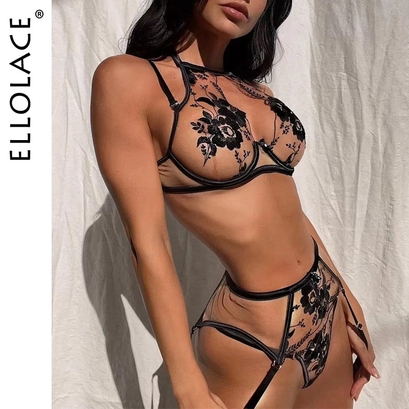 Ellolace Lingeries Lace Underwear 3-Pieces Sensual Erotic Sets