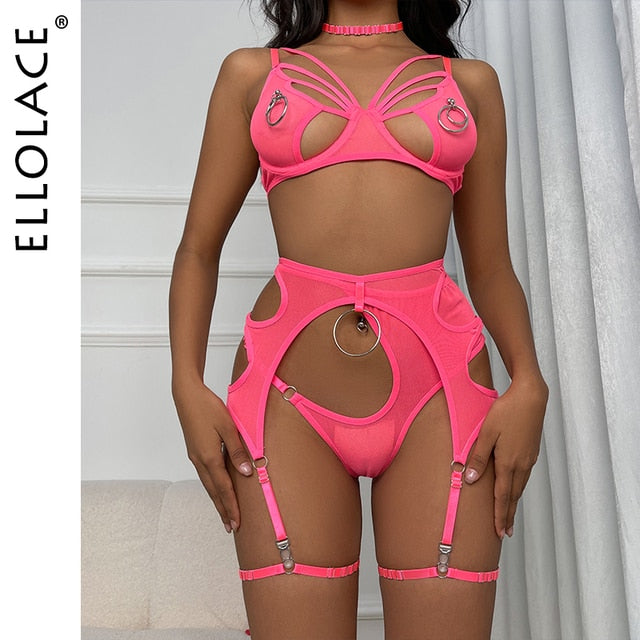 Ellolace Sexy Lingerie Cut Out Bra Erotic Brief Sets 4-Pieces