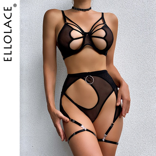 Ellolace Sexy Lingerie Cut Out Bra Erotic Brief Sets 4-Pieces