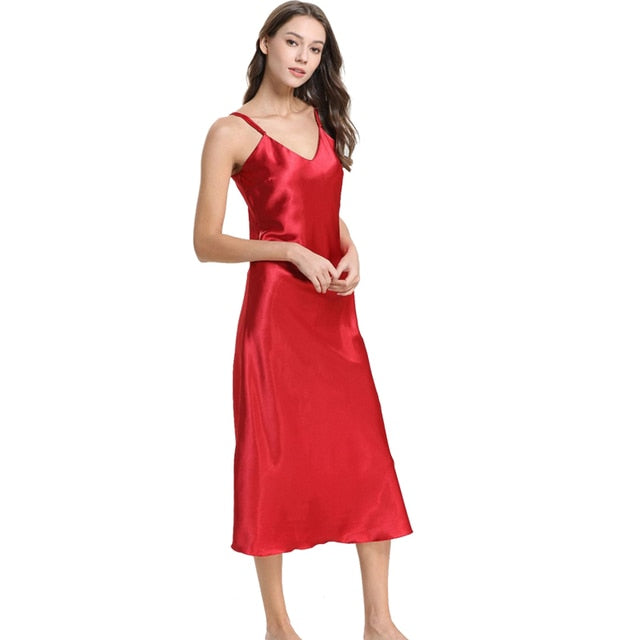 Women's Satin Nightgown Long Slip Sleep Dress Silk V Neck