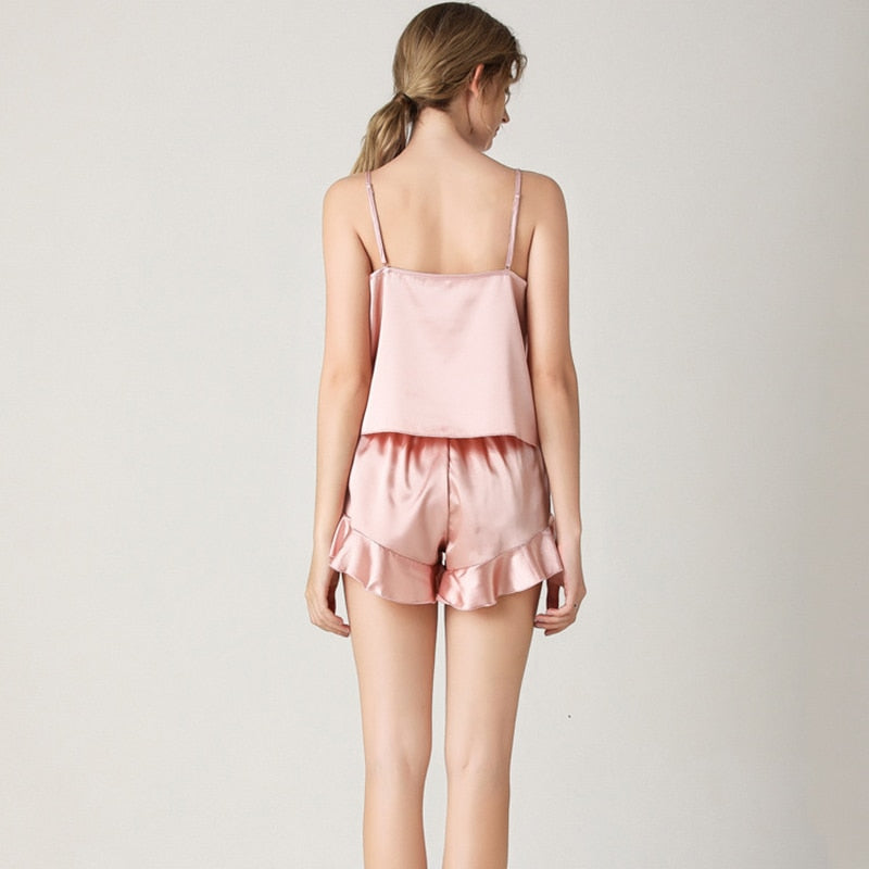 Women's Sexy Silk Satin Ruffled Pajamas Sets Cami Shorts Sleepwear